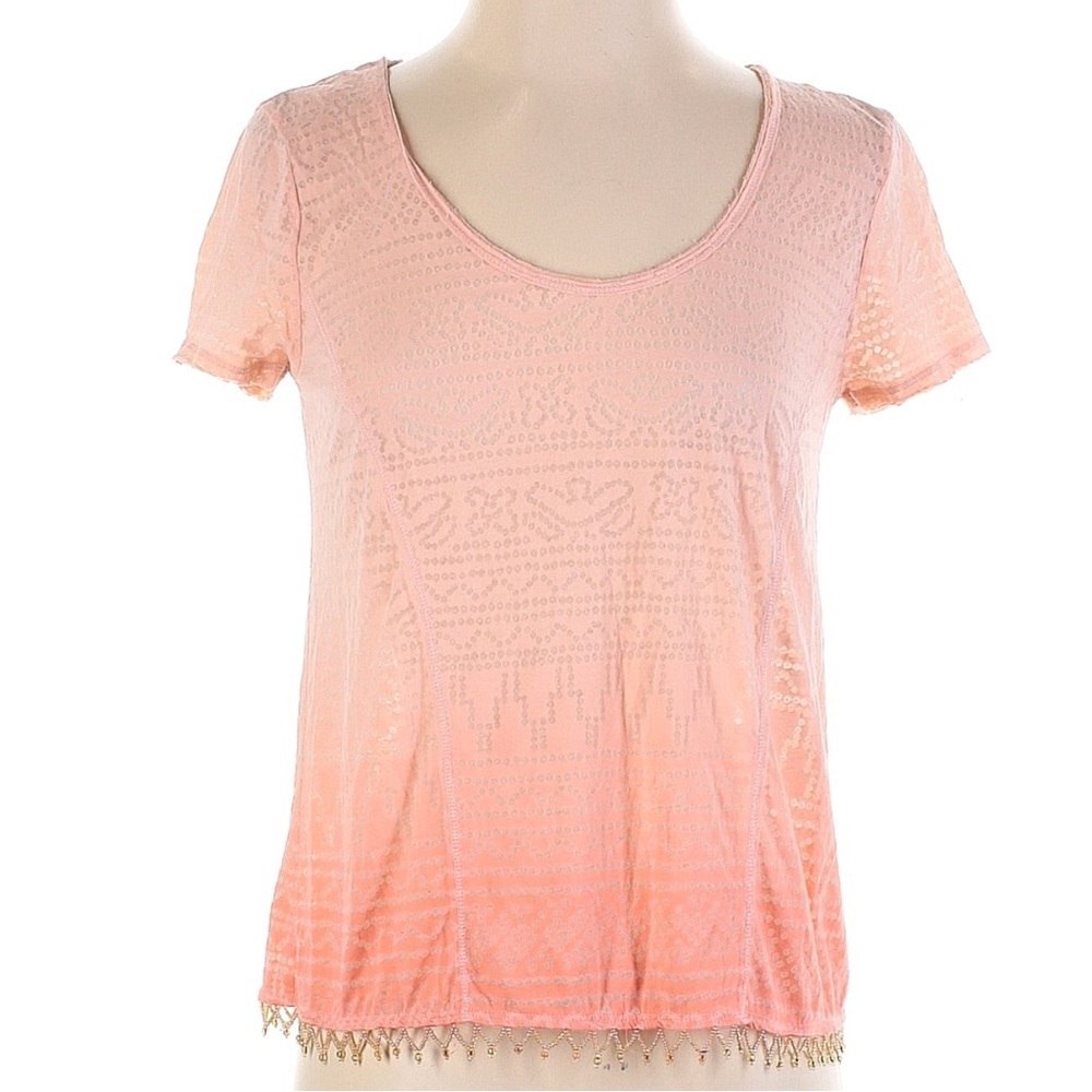 Free People Boho Peach Orange Ombre Burnout Beaded Hem Scoop Neck Top Size XS